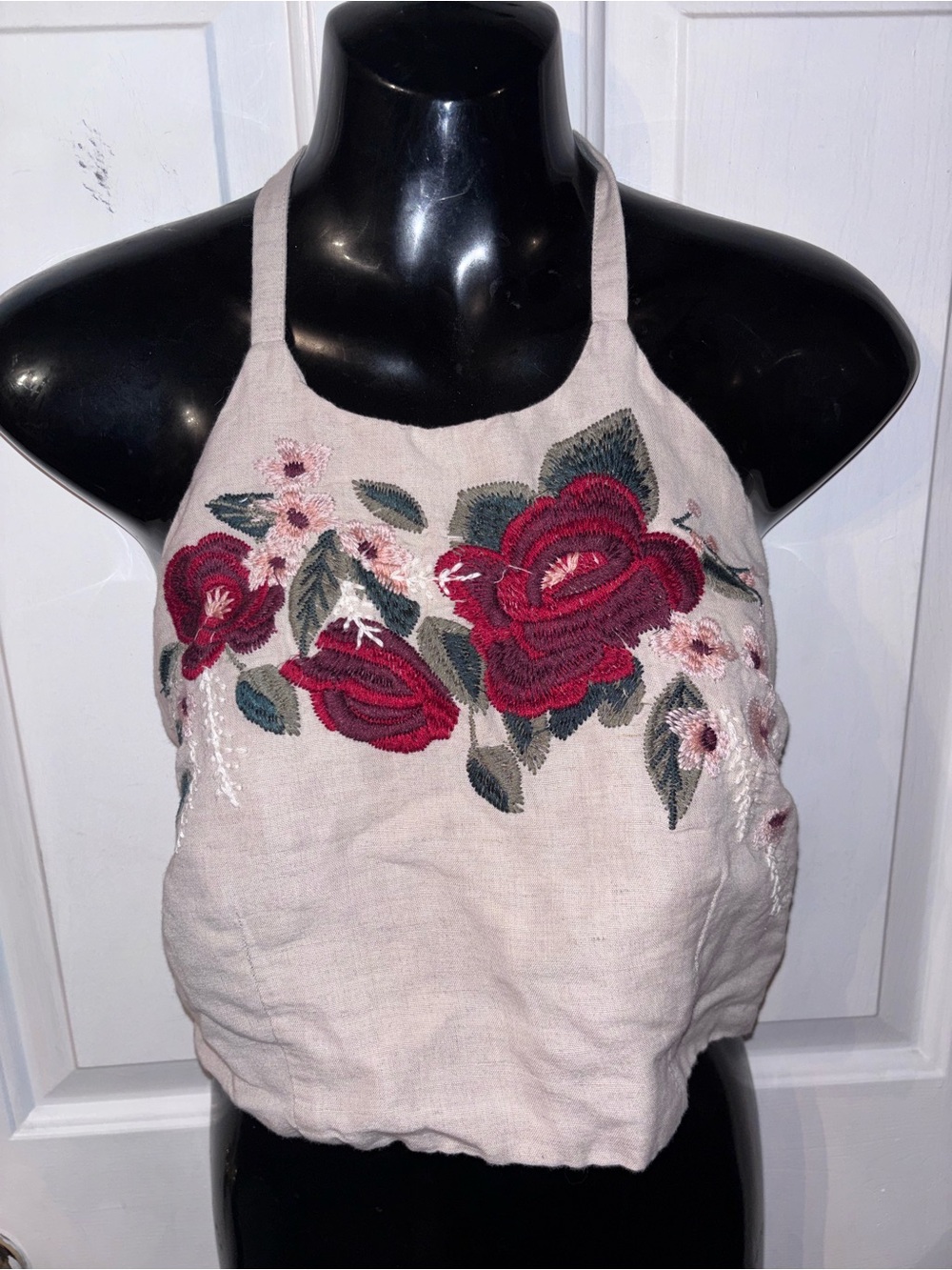 White Crow Beige Halter Top with Red Rose Embroidery